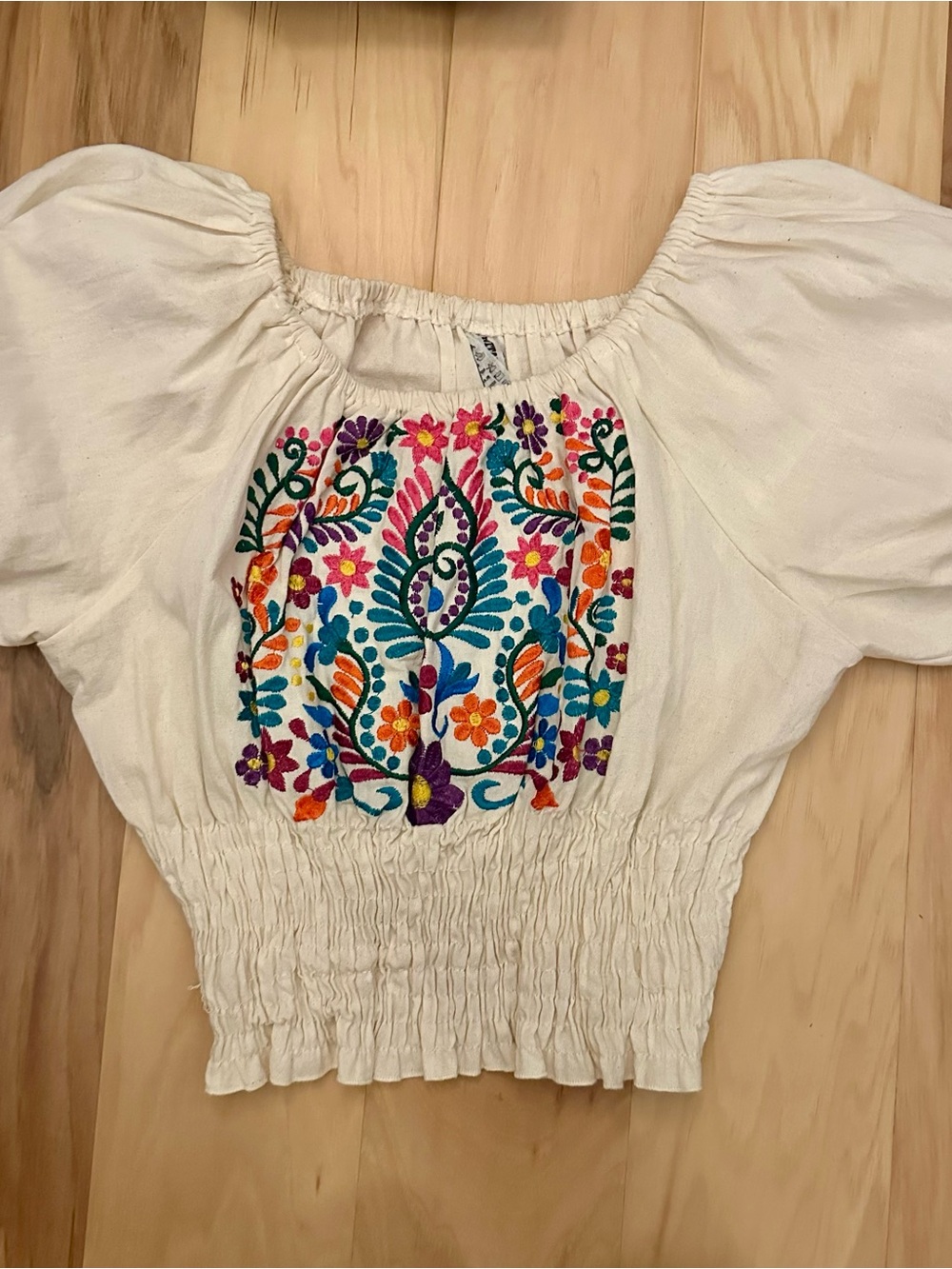 Boho Embroidered Cream Peasant Top - Floral Multicolor Detail